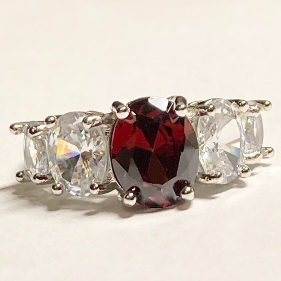 Silver Ruby Red Cubic Zirconia Anniversary Ring Size 7 Plated Simulated - Picture 2 of 8
